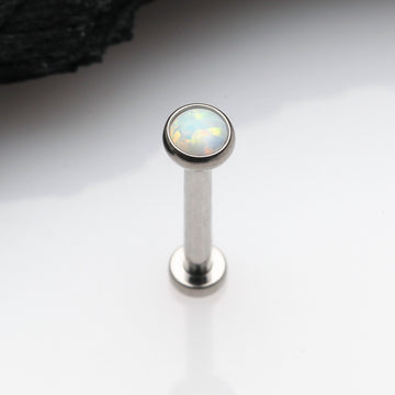 Detail View 1 of Implant Grade Titanium OneFit Threadless Fire Opal Bezel Set Top Flat Back Stud Labret-White Opal